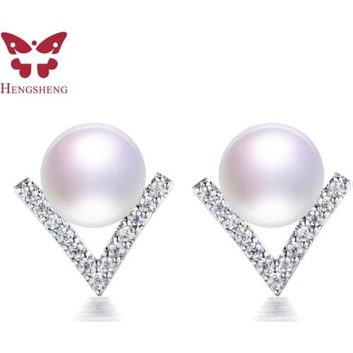 HENGSHENG 100% Real Pearl Women Earrings,Fine Jewelry,V Shape Zircon Earrings,Five Color Natural Pearl,Stud Earring For Gift