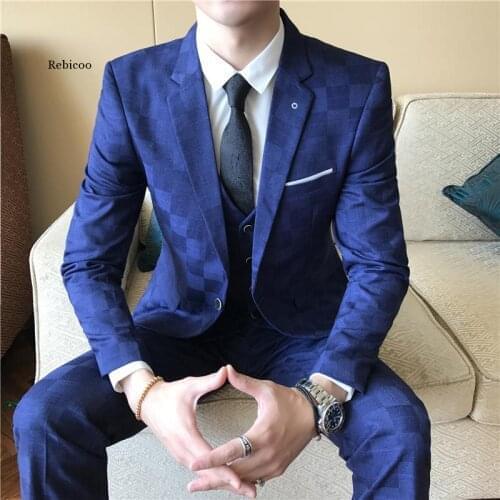 Stylish Plaid Suit Mens Three-Piece Set Size S Xxl Xxxl High Quality Men Business Suits Slim Fit Mens Suit Jacket + Pant + Vest