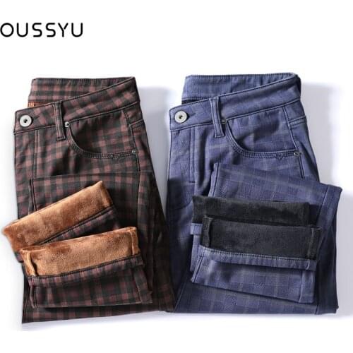 Winter Mens Warm Fleece Casual Trousers Classic Plaid Solid Color High Quality 98%Cotton Korean Style Suit Pants Male Plus Size