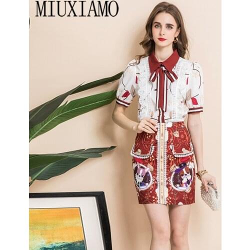 2021 New Summer Fashion Print Suit Short Sleeve Shirt +Slim Buttocks Short Skirt Two-Piece Womens Wear