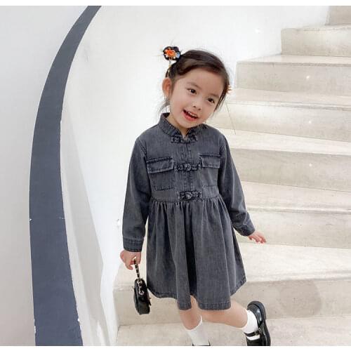2020 Autumn Fashion Girls Cheongsam-style Denim Dress Korean Childrens Clothing Children Long-sleeved Cowboy Dress Baby Clothes