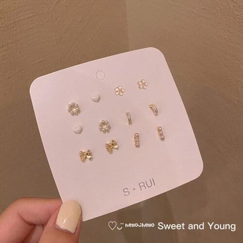 S925 Sweet Girl Bow Pearl Earrings Set Fashion Love Earrings Flower Niche Design Classic Fairy INS Earrings Trend