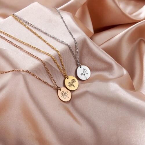 Skyrim Birth Flower Pendant Necklace Women Stainless Steel Flora Gladiolus Poppy Peony Rose Daisy Necklace Personalized Jewelry