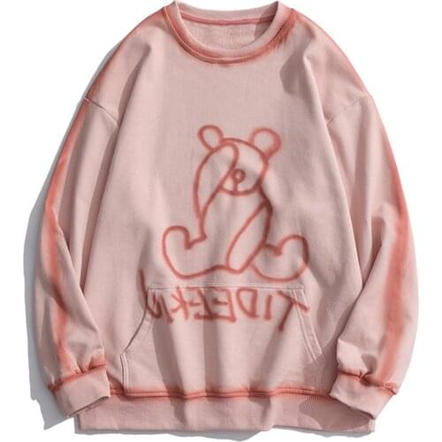 Bear Printed Color Block Harajuku Sweatshirt Hip Hop Streetwear Hoodie 2021 Winter Cotton Pullover Men Black