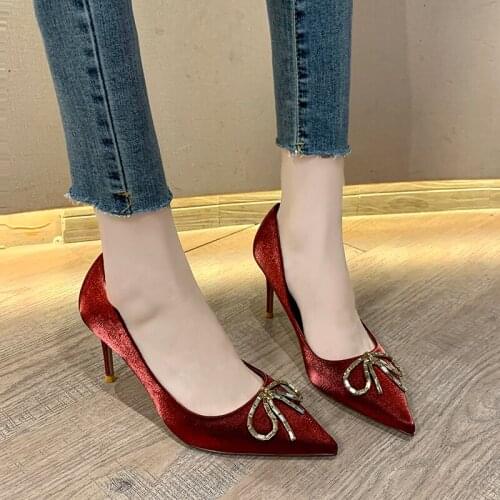 Rimocy Sexy Pointed Toe Wine Red High Heels Shoes Women Autumn New Butterfly-knot Stiletto Pumps Woman Party Wedding Shoes Mujer
