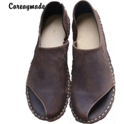 Careaymade-pure handmade All cowhide leather shoes the retro art mori girl female fish mouth sandals loafers shoes,Coffee/Khaki