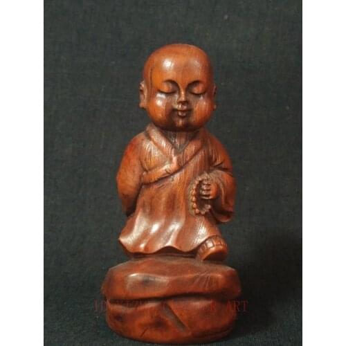 YIZHU CULTUER ART Collection China Old Boxwood Hand Carved Lad Buddha Statue Family Decoration