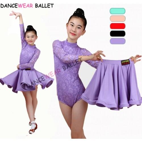 New Girls Latin Dance Skirt Ballroom Salsa Tango Skirts Kid Child Lace Latin Dance Split Dress With Leotard And Skirt
