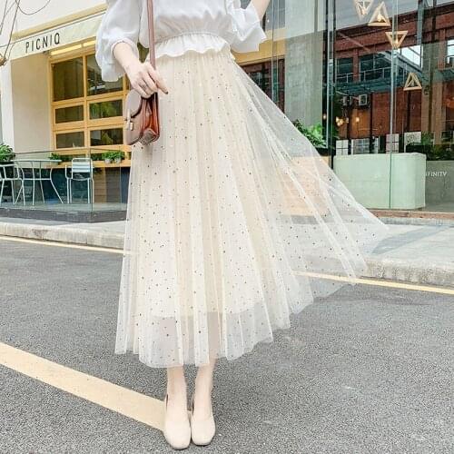 Lucyever Elegant Women Tulle Skirt Fashion Sequined Star Summer Mesh Ladies Long Skirt Elastic High Waist Party White Faldas