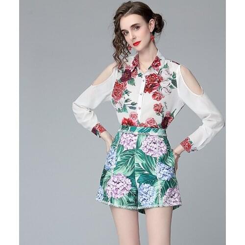2021 Summer Designer Runway Two Pieces Set Women Long Sleeve Strapless Flower Print Shirt Top+Pocket Wide leg Shorts Suits