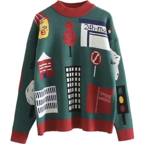 MERRY PRETTY Women Cartoon Embroidery Knitted Sweaters 2020 Winter Thick Warm O-Neck Long Sleeve Jacquard Sweater Knit Pullovers