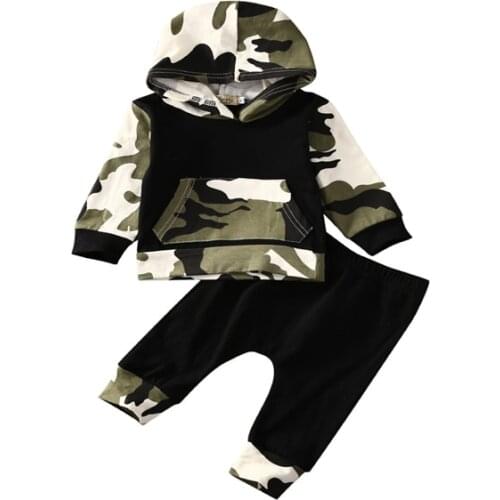 2PCS Spring Fall Winter Toddler Baby Boys Cotton Long Sleeve Hooded Pullover Camouflage Print Shirt Tops Pants Outfit 0-3Y