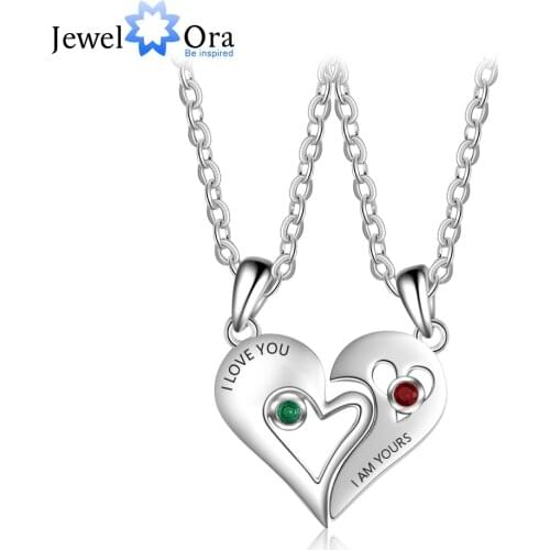 2 Pcs/ Set Merge Heart Shape Name Necklace Personalized Birthstone 925 Sterling Silver Necklaces & Pendants (JewelOra NE103149)