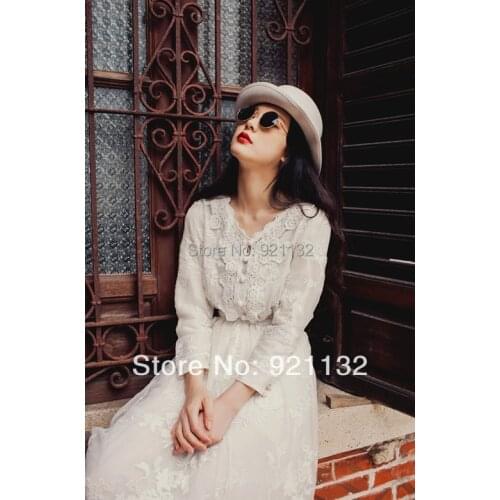8023 Free Shipping High Quality Cheap Price 2016 New Fashion Plus Size Embroidery Flower Lace Long Sleeve Maxi Dress White