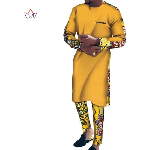 Bazin Riche Men 2 Pieces Pants Sets African Design Clothing African Clothes Casual Men Long Top Shirts and Pants Sets WYN1056