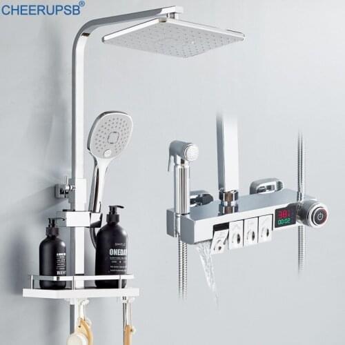 Digital Shower Sets System Bathroom Smart Thermostatic Bath Tap Wall Mount Hot Cold Mixer Faucet Square Head SPA Rainfall Grifos