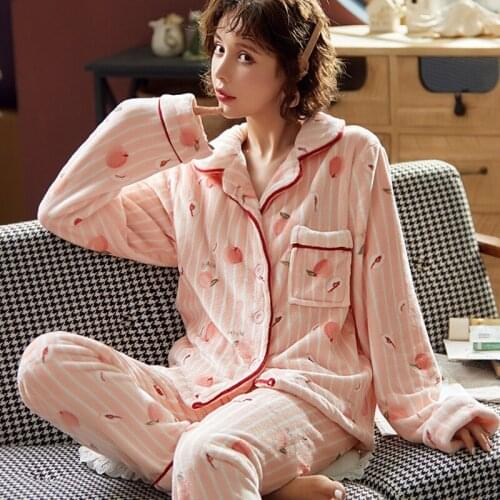 Home Suit Womens Sleepwear Winter Cute Pyjamas 2Pcs Long Sleeve Female Lounge Wear Thick Warm Coral Velvet Pajamas Sets Pyjamas