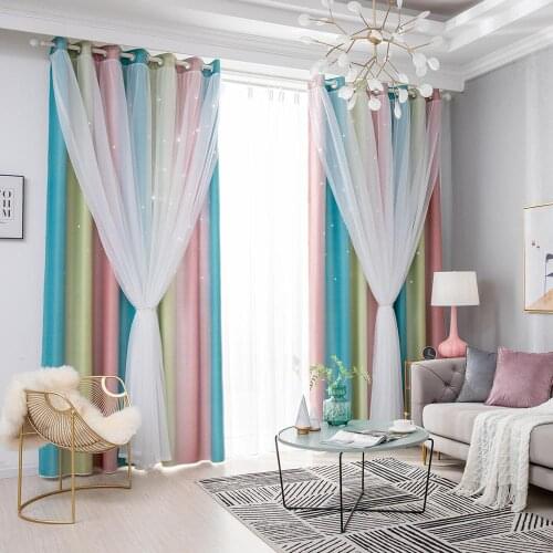 Double Layer Blackout Curtains For Living Room Korean style White Tulle Window Treatments Curtains For Kids Girls Bedroom