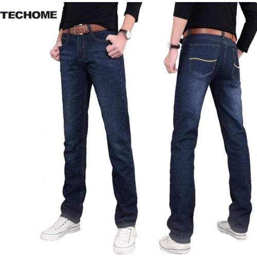New Mens Jeans Pants Elastic Mid-Rise Straight Men Clothing Tops Trousers Deep Blue Casual Trousers Cool Stretch Men Jeans