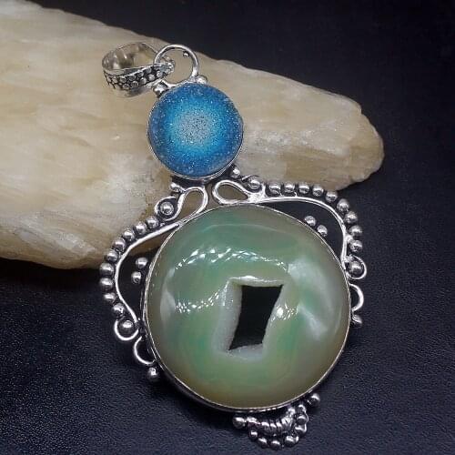 Gemstonefactory Jewelry Big Promotion 925 Silver Natural Unique Hole Agate Druzy Women Ladies Gifts Necklace Pendant 0839