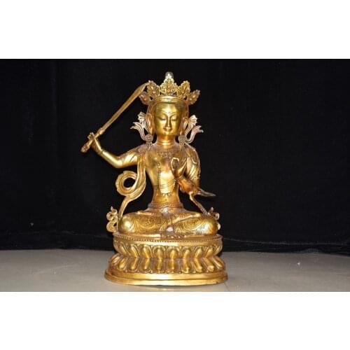 19"Chinese temple collection Old Bronze Gilt Double lotus Manjushri Guanyin Bodhisattva with Sword Sitting Buddha