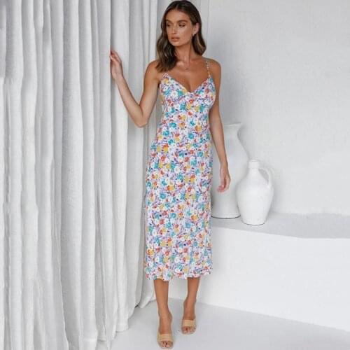 Summer Dress Women Robe Femme Sling Sleeveless V-Neck Floral Print Y2K Dresses Boho Style Backless Lace-Up Maxi Dress For Woman