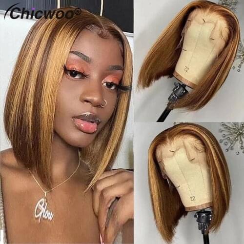 Honey Blonde Lace Front Wig Human Hair 13x4 Bob Highlights Lace Front Wigs Brazilian Remy 4/27 Human Hair Lace Frontal Wigs 250