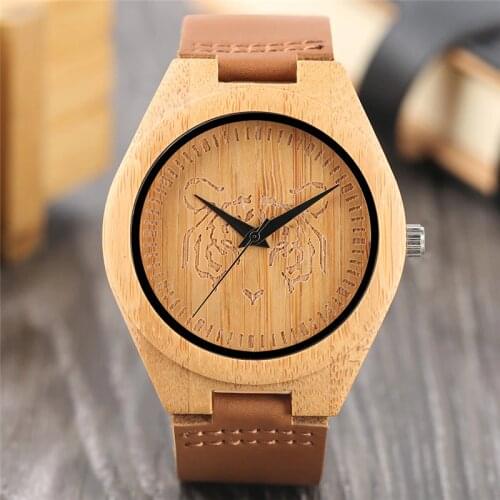 Men Creative Wood Watch Handmade Wild Tiger Pattern Dial Bamboo Wooden Quartz Wristwatches Clock Male hour Reloj de madera 2020