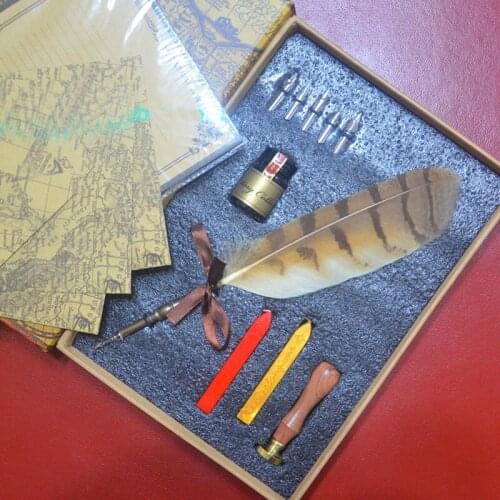 Nature Owl Feather Calligraphy Handwriting Dip Pen Set with 2 Wax Seals 1 Stamper 1 Ink 5 Nibs
