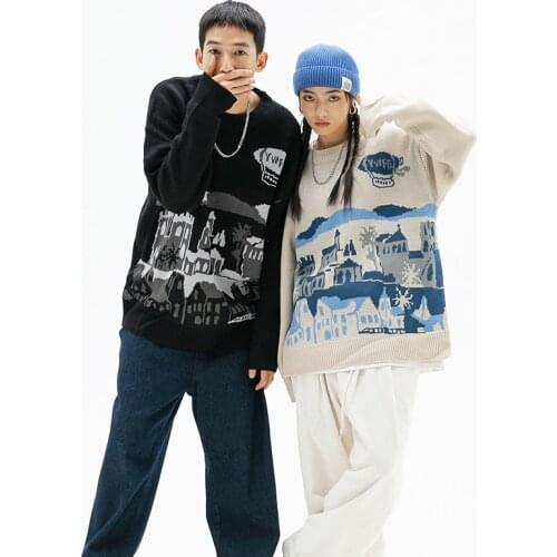 New Arrival Men American Vintage Village Pattern Neutral Sweater Boys O-Neck Loose Casual Lovers Pullover