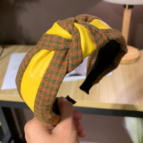 Fashion PU Leather Houndstooth Hair Bands Retro Houndstooth Pattern Hair Hoops Women Wide-brimmed Knotting Headbands Ornaments