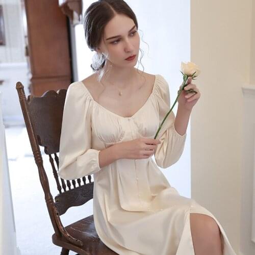 Autumn Satin Night Dress Women Long Sleeve Vintage Victorian Romantic Nightgowns Peignoir Shirts Ice Silk Nightdress Sleep Wear
