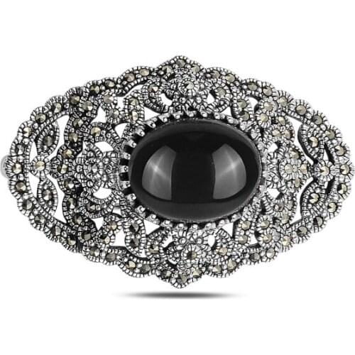 Silverlina Silver Natural Stone & Marcasite Gemstone Brooch