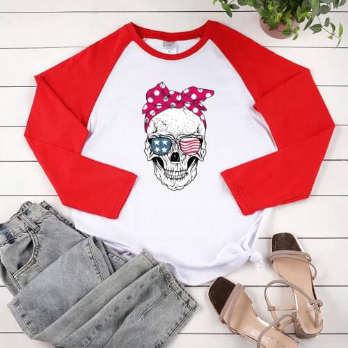 Vogue Skull Scarf Glasses Print Long Sleeve T-shirts Women Autumn Winter Graphic Tees Aesthetic Two-tone Stiching Clothes Female