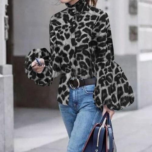 Ladies spring/summer 2021 long sleeve shirt with loose lace collar and slim leopard print temperament