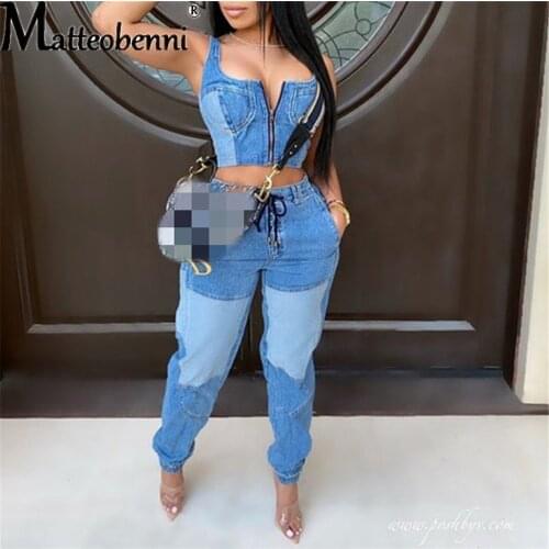 Women Fashion Denim Two Piece Set Sleeveless Zipper Tops Vest +High Waist Splicing Trousers Women Clothing Denim Two Piece Sets