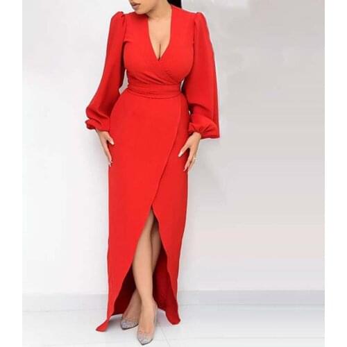 2021 Womens New Autumn V-neck Long Sleeve Temperament Commuter Slit High Waist Lantern Sleeve Pure Color Dress