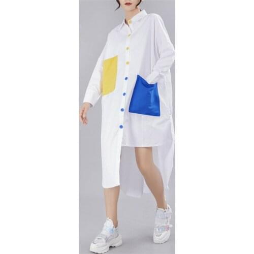 Fashion White Shirt Dress Elegant Office Ladies Long Sleeve Loose Plain Turn Down Collar Female Midi Dress Summer