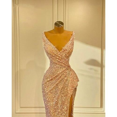 Sexy Pink Sequined Mermaid Prom Dresses V Neck High Side Split Dubai Plus Size Women Formal Evening Gowns Robes De Soiree