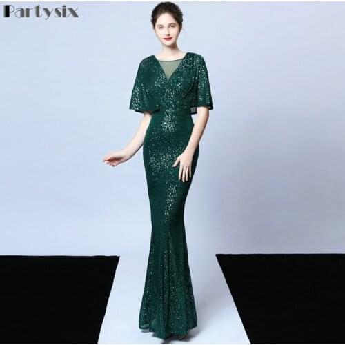 Partysix Sexy Sequin Evening dress Short Sleeves Vestidos de fiesta green dress evening gowns for women Party dress prom dresses