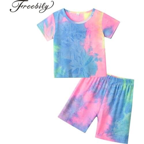 2pcs Kids Girls Tie Dye Print Sport Suit Running Sets Tracksuits Short Sleeves T-shirt+Shorts Set for Exercise Sport Casual Wear
