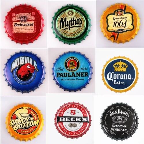 35cm Beer Cap Metal Tin Signs Plate Retro Cafe Bar Pub Wall Decor Plaque Vintage Round Home Art Poster