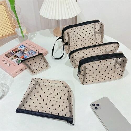 Beige Heart Flock Printing Gauze Mesh Bag Girl Portable Air-permeable Case Desktop Storage Pouch Trip Purse Cosmetic Organizer