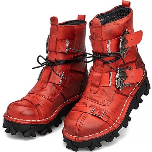 Red White Men Boots Punk Style Mens Winter Boots Genuine Leather Motorcycle Boots Men 14#20/10d50