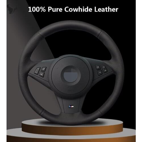 Black Genuine Leather Car Steering Wheel Cover for BMW E60 530i E63 E64 635D