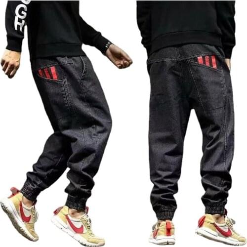 Summer thin jeans mens loose trendy brand feet harem pants student Korean ankle-length pants male black blue color matching