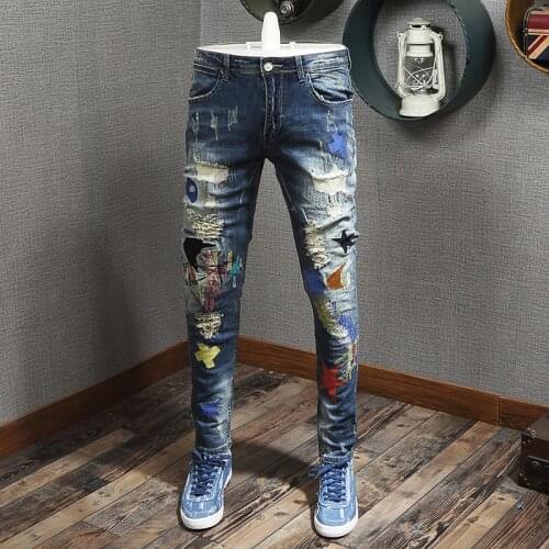American Streetwear Fashion Men Jeans Retro Blue Elastic Cotton Punk Ripped Jeans Men Embroidery Patches Designer Hip Hop Pants