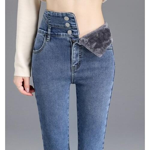 Jeans Women Winter Warm High Waist Pants Stretch Slim Skinny Fleeces Denim Trousers Female Thick Black Solid Velvet Jeans