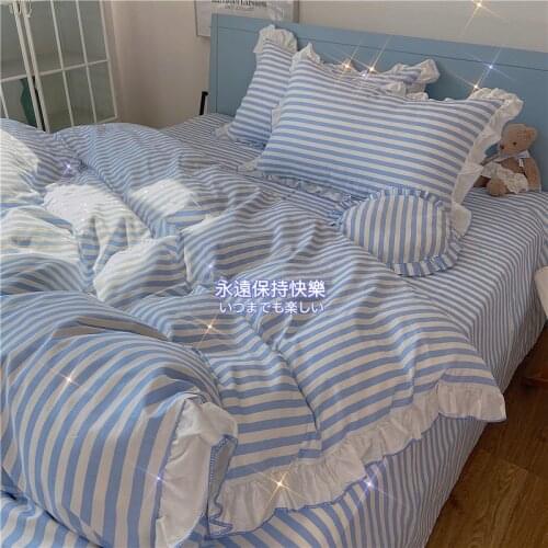 Striped 100% Cotton Bedding Set Double Bed Plaid Sheets Gentle and Cute Girl Room Decoration Quilt Cover 3/4pcs