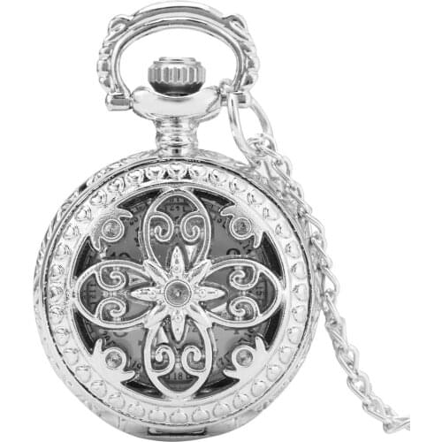 Little Small Cute Exquisite Silver Hollow Flowers Quartz Pocket Watch Necklace Pendant Jewelry Watch with 80cm Sweater Chain
